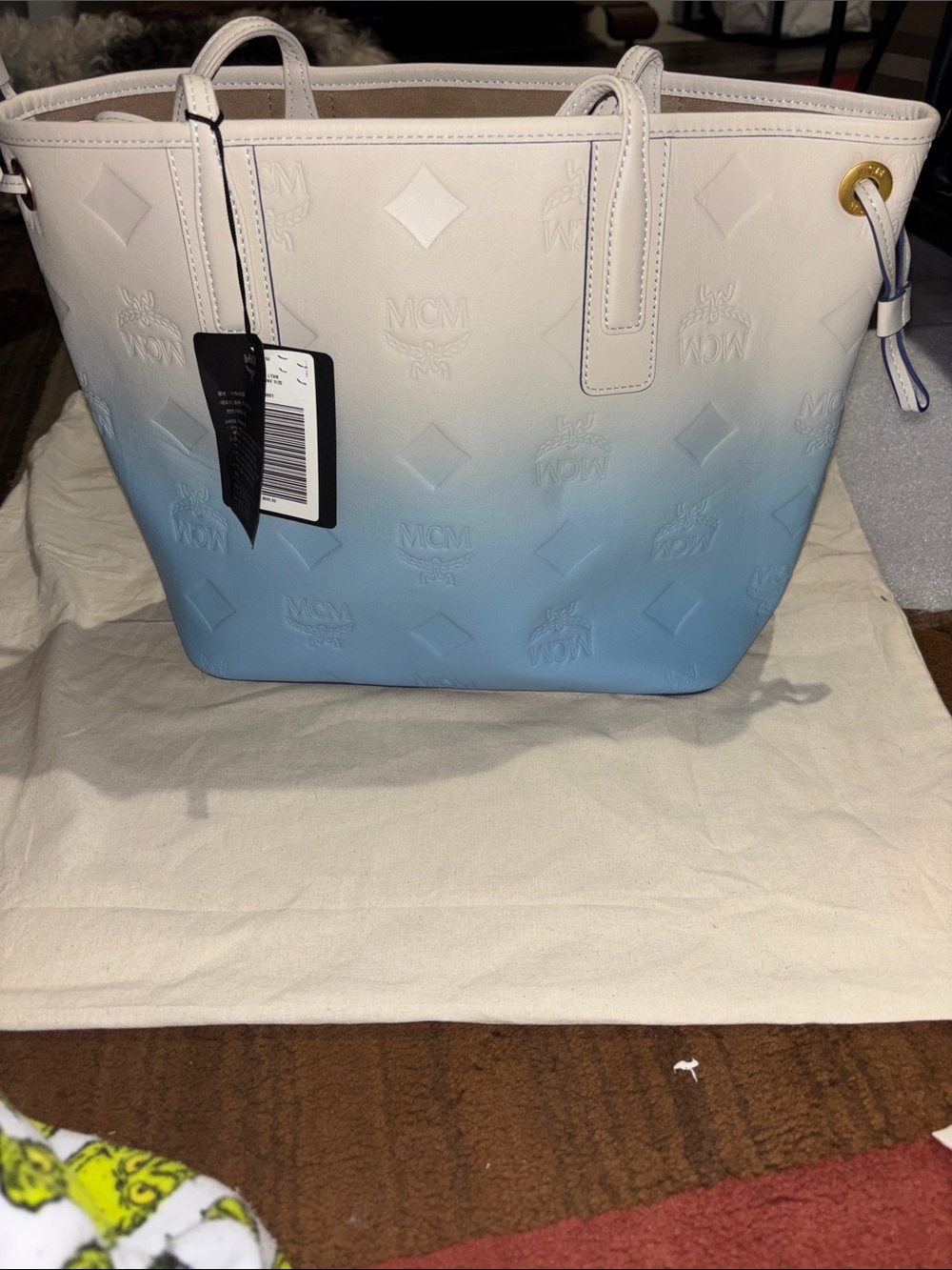 MCM White to Light Blue Ombre Logo Tote